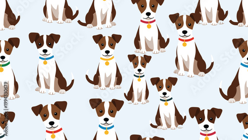 Seamless pattern featuring cute cartoon Jack Russell Terrier dogs with various colorful collars on light blue background for fabric or wallpaper.