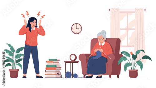 Stressed young woman expressing frustration and anger while elderly grandmother sits peacefully knitting in the living room with books.