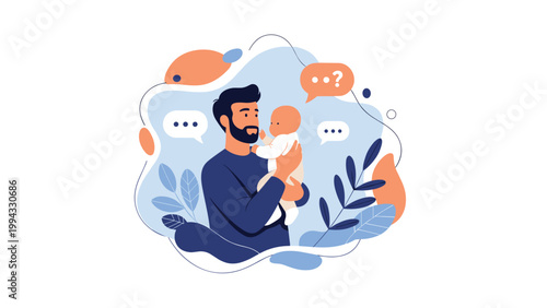 Loving father holding his newborn baby with speech and thought bubbles representing communication and parental care in cozy family setting.