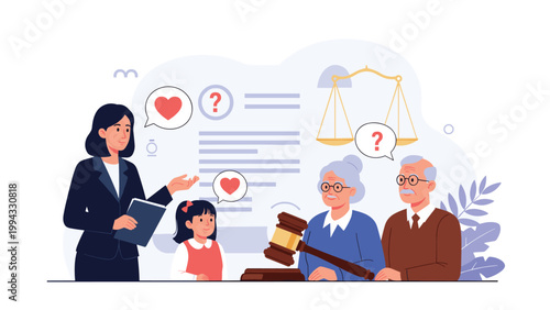 Professional female lawyer providing legal advice to elderly couple and young granddaughter regarding family law, inheritance, or protection.