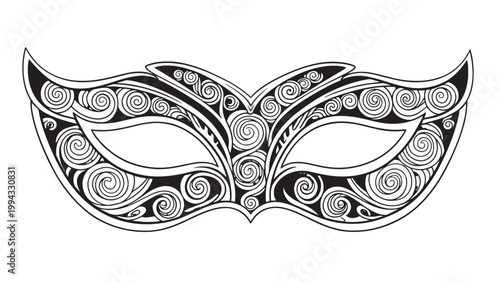 Intricate Black and White Mask with Elegant Swirls and Curves for Costume or Festival Use.