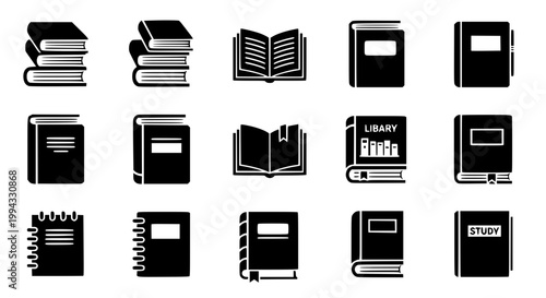 Book icon set with stack open book closed book journal notebook textbook and library reading symbols vector