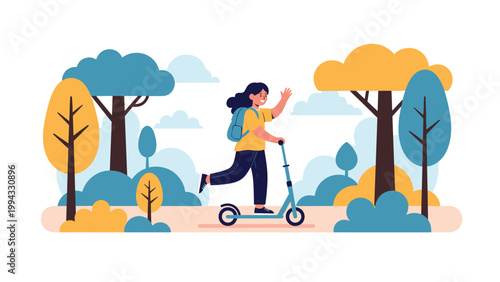 Cheerful young girl with blue backpack riding kick scooter along forest trail among stylized colorful trees and bushes on sunny day.