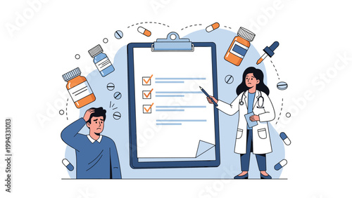 Concerned female doctor explaining medical checklist on large clipboard to stressed man experiencing headache or confusion in clinic setting.