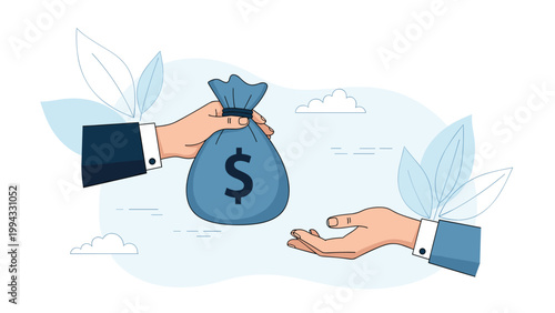 Business transaction illustration showing hand in formal suit sleeve handing over blue bag of money with dollar sign to recipient.