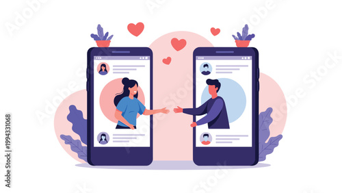 Concept of digital dating or long distance relationship with man and woman reaching out to each other from smartphone screens.