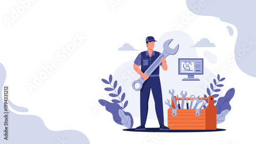 Professional mechanic in uniform holding giant wrench and standing next to full toolbox to represent repair and maintenance services.