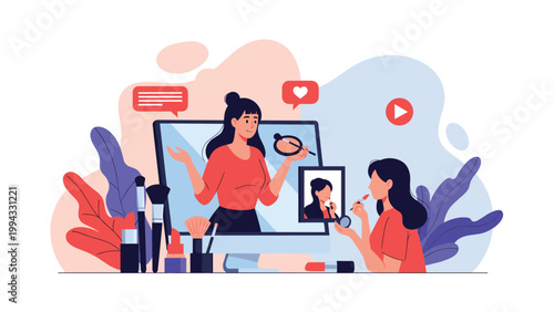 Online beauty tutorial showing influencer on computer screen demonstrating cosmetics while young woman applies makeup using various products at home.