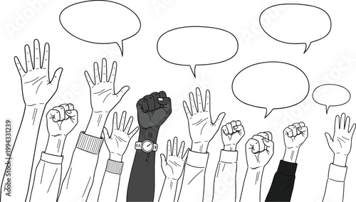 Raised Hands Protest Illustration with Diverse People Gesturing, Speech Bubbles and Activism Concept for Freedom, Rights and Social Awareness Design
