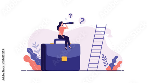 Ambitious businesswoman sitting on oversized briefcase and looking through telescope at ladder to find new career opportunities and success.