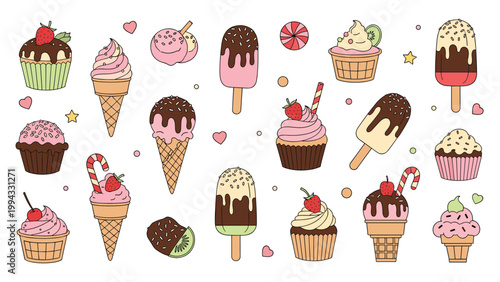 Large collection of delicious colorful desserts including various ice cream cones, popsicles, cupcakes, and candies on white background.