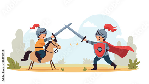 Two young boys playing as brave knights with silver swords and red capes in fantasy outdoor setting for creative childhood play.