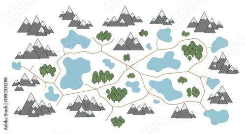 Fantasy map creator kit with mountains, lakes and forests. Hand drawn adventure map elements vector set. Cartography icons for world building.