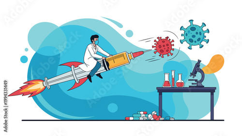 Creative medical concept showing doctor riding syringe like rocket and attacking large coronavirus to symbolize search for vaccine and cure.
