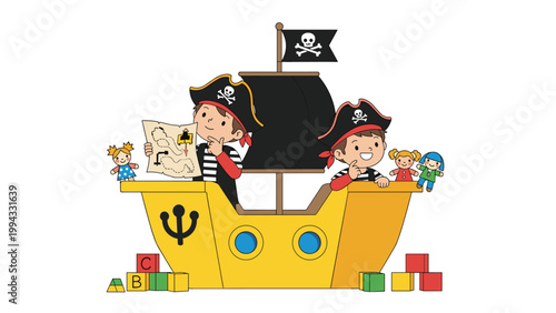 Two young boys wearing pirate hats and eye patches play on a large yellow toy ship with maps, dolls, and colorful building blocks.
