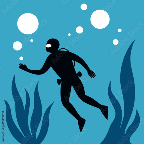 Black scuba diver swimming underwater with blue plants and white bubbles