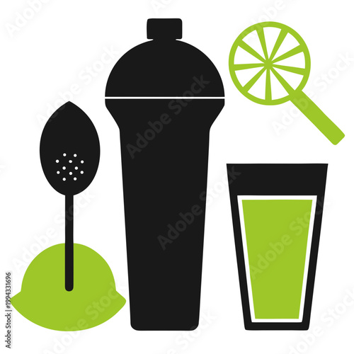 Black shaker strainer and lime slice with green drink