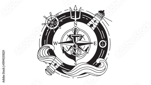Black and White Nautical Compass with Ocean Waves and Maritime Elements.