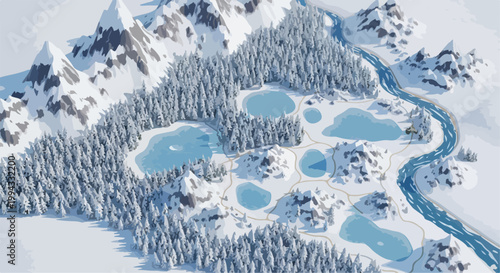 Isometric winter landscape with snowy mountains and pine forest, low poly 3D frozen lakes and river, arctic wilderness vector map for gaming