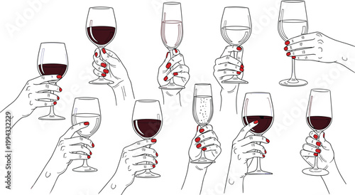 Wine Glass Cheers Illustration Set with Hands Holding Red and White Wine for Celebration, Party, Toast and Social Gathering Design