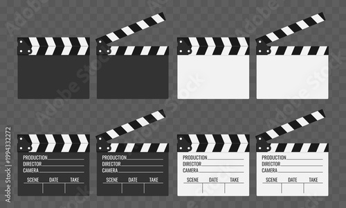 Movie clapperboard vector slate set on checkered background. Film production slate with open and closed sticks, blank and detailed versions. Cinema slate board for director and camera crew