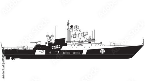 Large Military Ship Navigating Open Waters with Clear Sky.