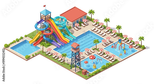 Isometric illustration presents a vibrant water park with colorful slides and pools, surrounded by rows of lounge chairs and palm trees, set against a clean background, conveying a joyful