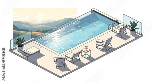 Isometric illustration showing a rectangular swimming pool with clear turquoise water and lounge chairs on a sunlit patio, showcasing a peaceful scene against a backdrop of distant