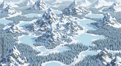 Isometric winter mountain landscape vector, snowy alpine peaks and frozen lakes, aerial view of coniferous forest and arctic wilderness background