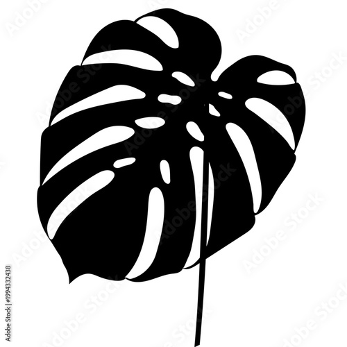 A clean and modern black silhouette of a single Monstera deliciosa leaf isolated background. For tropical-themed interior decor, nature-inspired branding, logo design, vector-based artistic overlays.