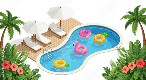 Isometric illustration of a swimming pool with inflatable toys and lounge chairs, set against a white background and surrounded by lush palm trees and tropical plants, creating a vibrant