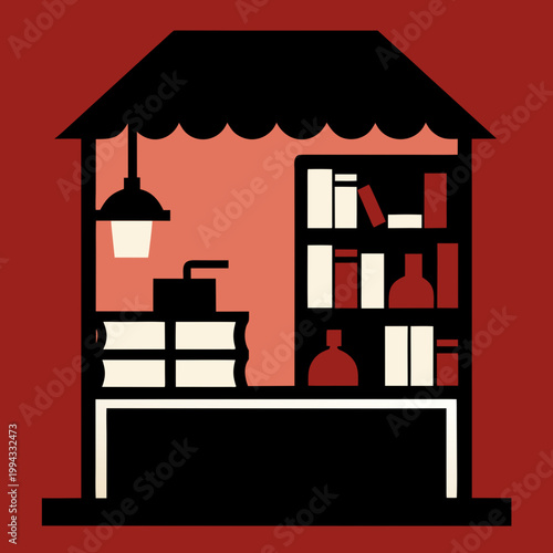 Cozy bookstore stall with books and lamp shelves