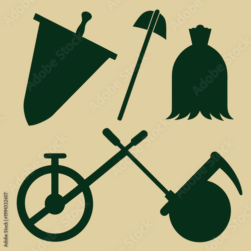Dark green farm tools and wheelbarrow sickle plow