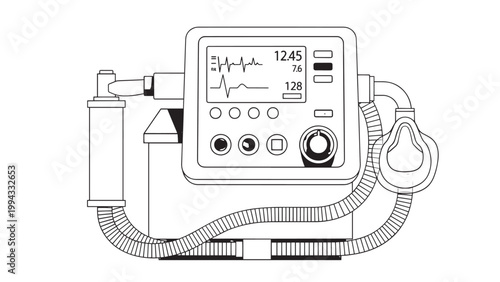 Medical Ventilator Device with Digital Display and Tubing for Patient Support.