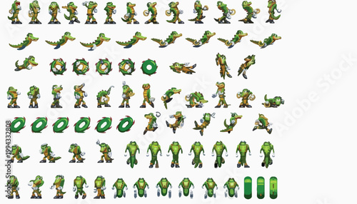 Retro pixel art crocodile sprite sheet, 2D game character animation set, green alligator warrior sprites for platformer games, vintage 8-bit style assets