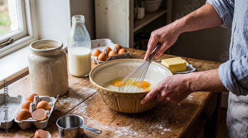 Person's hands whisking eggs and batter in a bowl, surrounded by ingredients for baking on a rustic table.