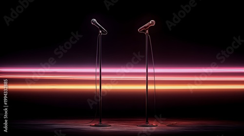Stage lights streak across dark background with two microphones