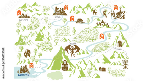 Fantasy world map vector illustration, medieval adventure landscape with mountains and dragon, mythical kingdom cartography for tabletop gaming