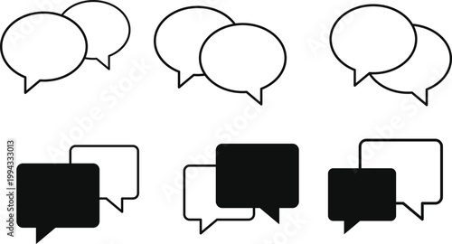 Chat bubble and text message icon set. User engagement and talk symbols. Speech bubble and messaging symbols. Digital interaction and social talk sign. Application signs
