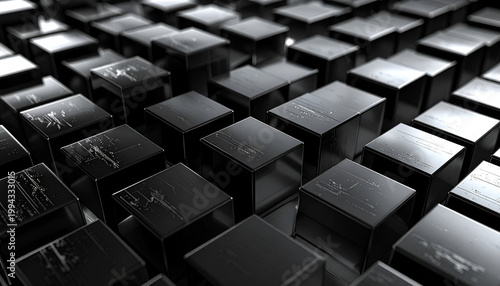 A striking abstract composition features a multitude of glossy black cubes arranged in a layered, geometric pattern, creating a sense of depth and modern design.