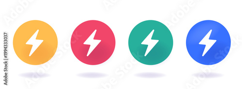 Lightning bolt energy power circle icon set as fast speed flash service logo modern graphic interface element, electricity battery charge danger button, voltage sign symbol red green blue yellow clip 