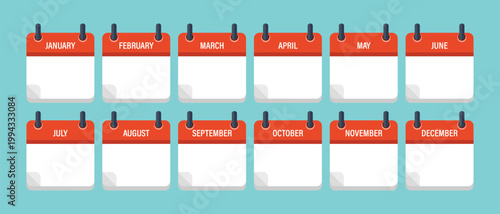 Full Year Monthly Calendar Icon Set with Blank Pages and Red Headers Vector Set