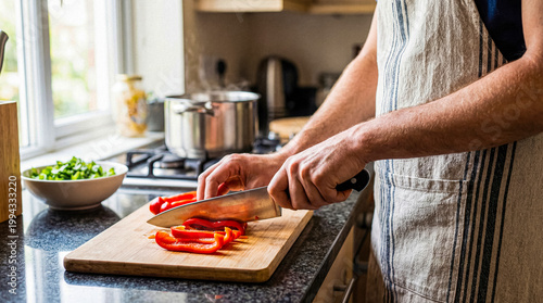 High-angle photograph of hands, wearing an apron, skillfully chopping red bell peppers on a wooden board in a kitchen.