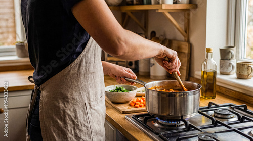 Person stirring a pot on a gas stove in a warm and inviting kitchen.
