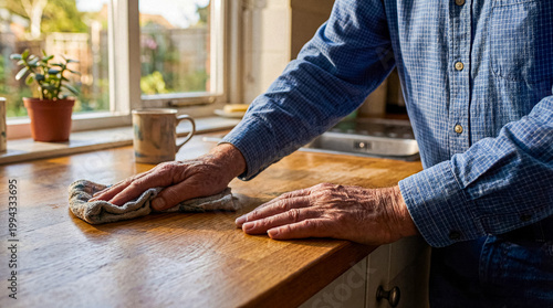 Senior man's hands diligently wiping down a clean wooden kitchen countertop with a damp cloth on a sunny day.