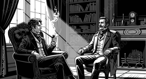 Sherlock Holmes and Dr. Watson in 221B Baker Street. Monochrome vector illustration. Transparent SVG version.