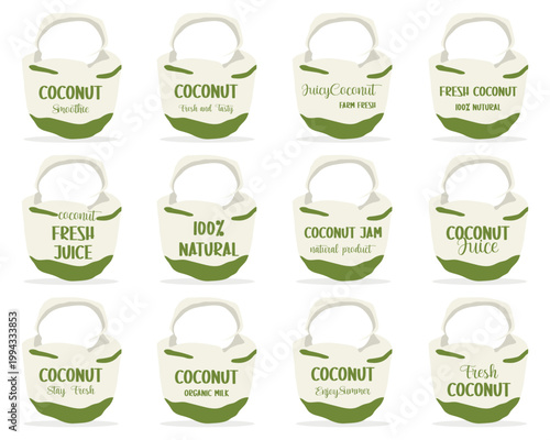 Set of coconut juice tags and more.