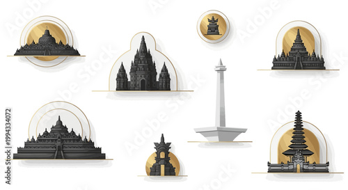 Illustrated landmarks of Indonesia are depicted in a flat lay against a white background, showcasing the Borobudur temple, Prambanan temple, and the National Monument, all rendered