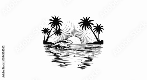 Tropical beach scene with palm trees, ocean waves, and a radiant sun