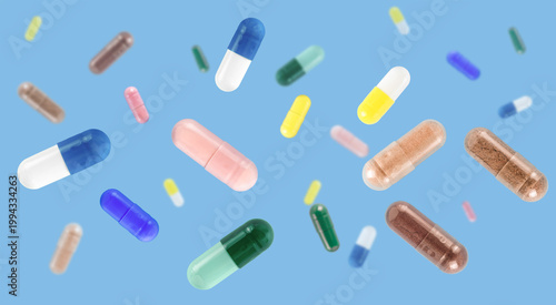 A large pile of white pills cascading down. Creating a striking visual representation of health essentials . Falling Antibiotics Healthcare Background